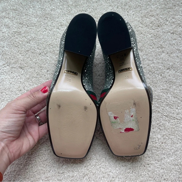 GUCCI Peyton Glitter Block Heel Loafers In Argento Silver - Picture 9 of 12